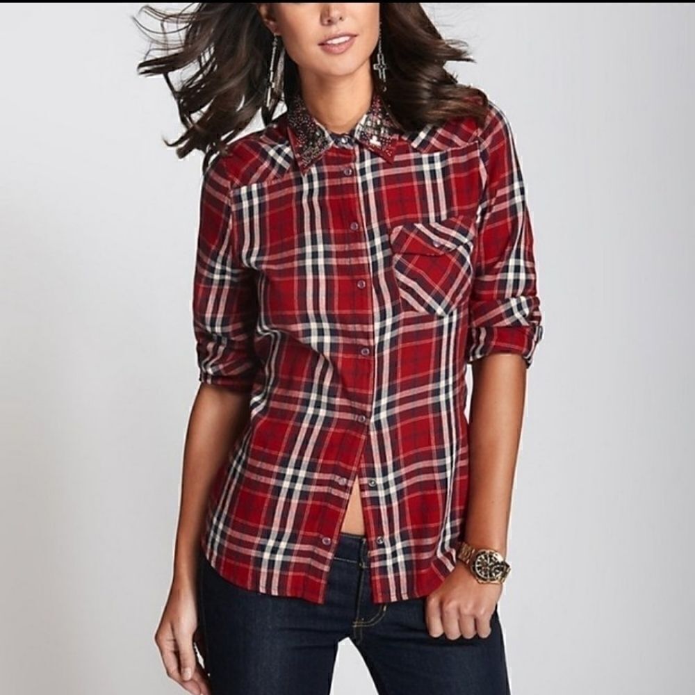 Guess plaid button down embellished neck small